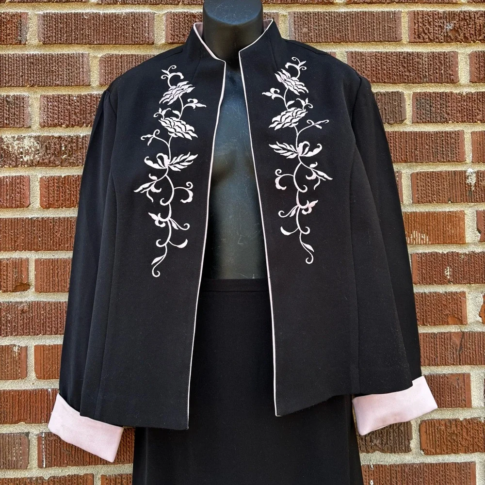 Jessica Howard Women’s Sz 14 Black and pink Open Jacket Long Skirt Skirt 2 pc